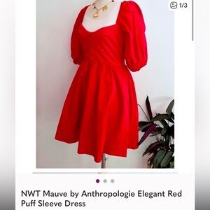 NWT Mauve by Anthropologie Vibrant Red Puff Sleeve Dress